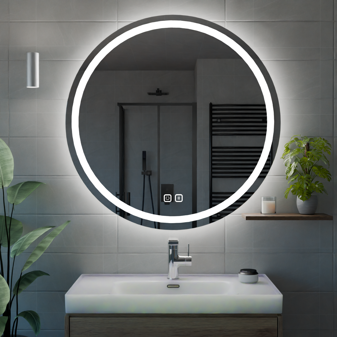 Buğu Çözücülü, Dokunmatik Tuşlu, LED Işıklı Yuvarlak Banyo Aynası - Beyaz Işık