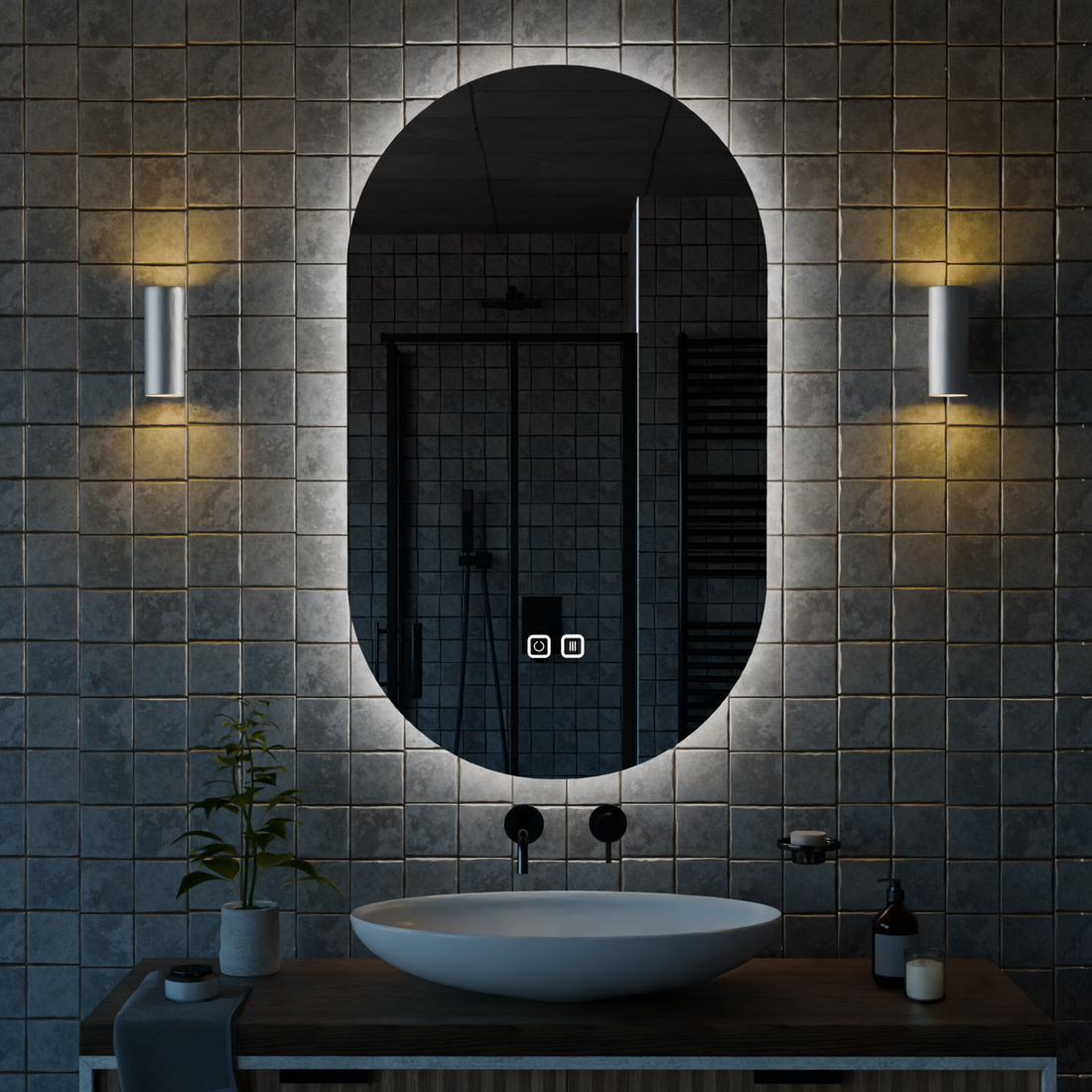 Kumlamasız Buğu Çözücülü, Dokunmatik Tuşlu, LED Işıklı Oval Banyo Aynası - Beyaz Işık
