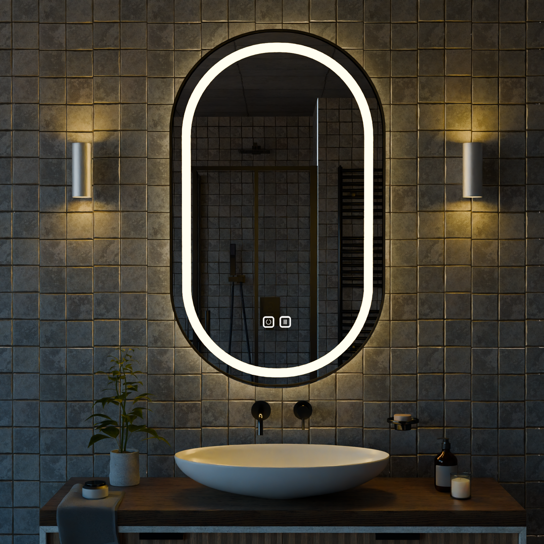 Buğu Çözücülü, Dokunmatik Tuşlu, LED Işıklı Oval Banyo Aynası - Gün Işığı