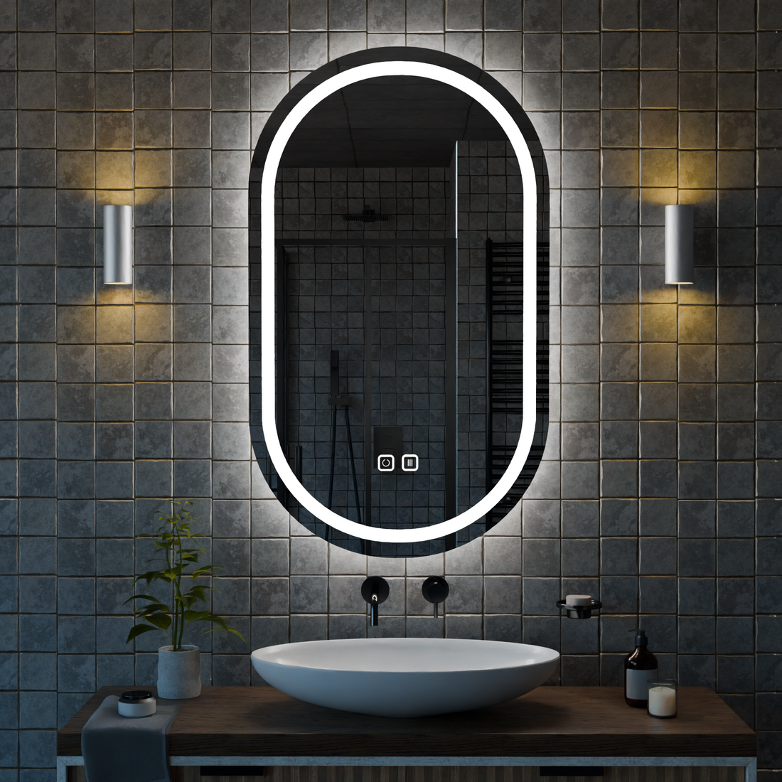 Buğu Çözücülü, Dokunmatik Tuşlu, LED Işıklı Oval Banyo Aynası - Beyaz Işık