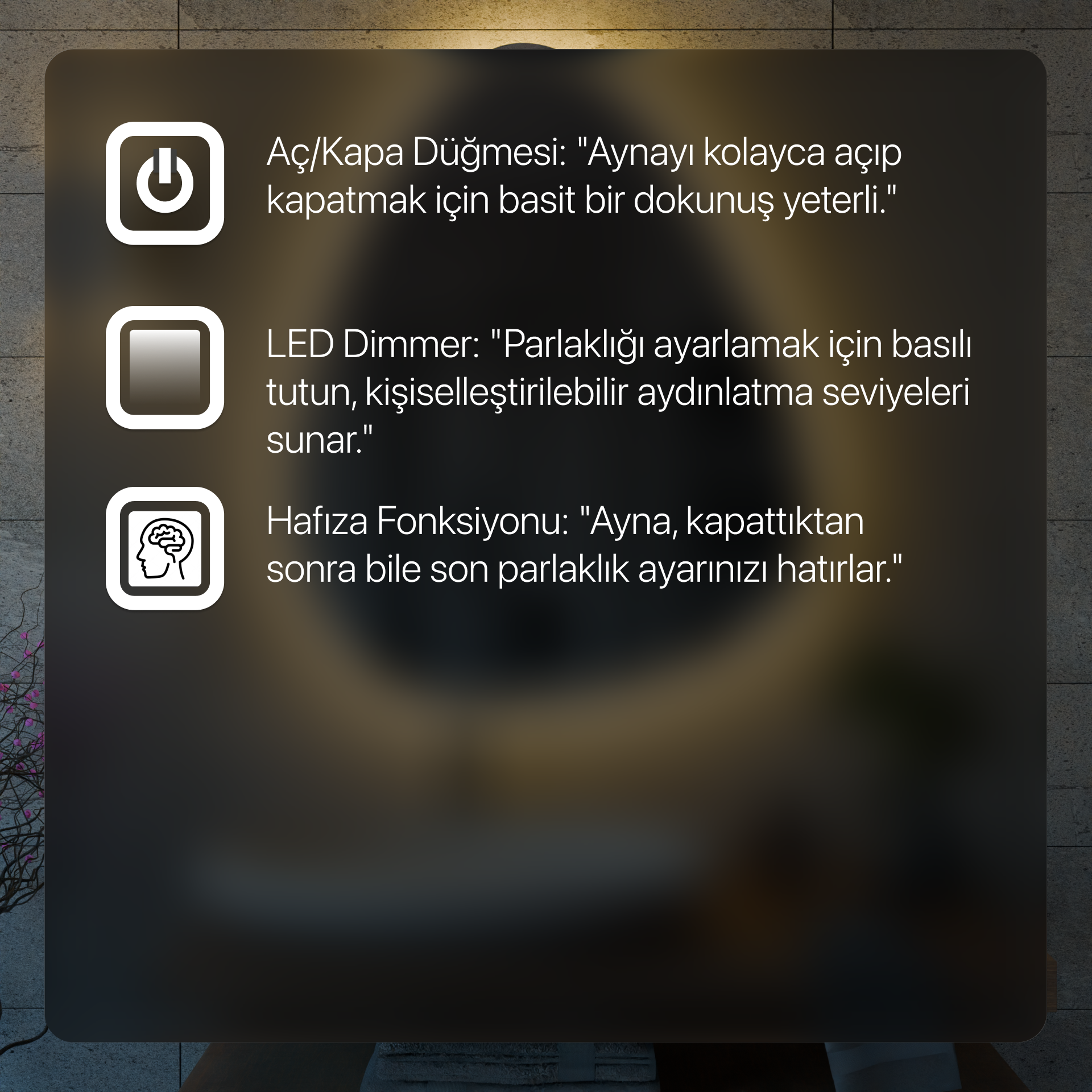 Dokunmatik Tuşlu ve LED Işıklı Yuvarlak Banyo Aynası - Gün Işığı