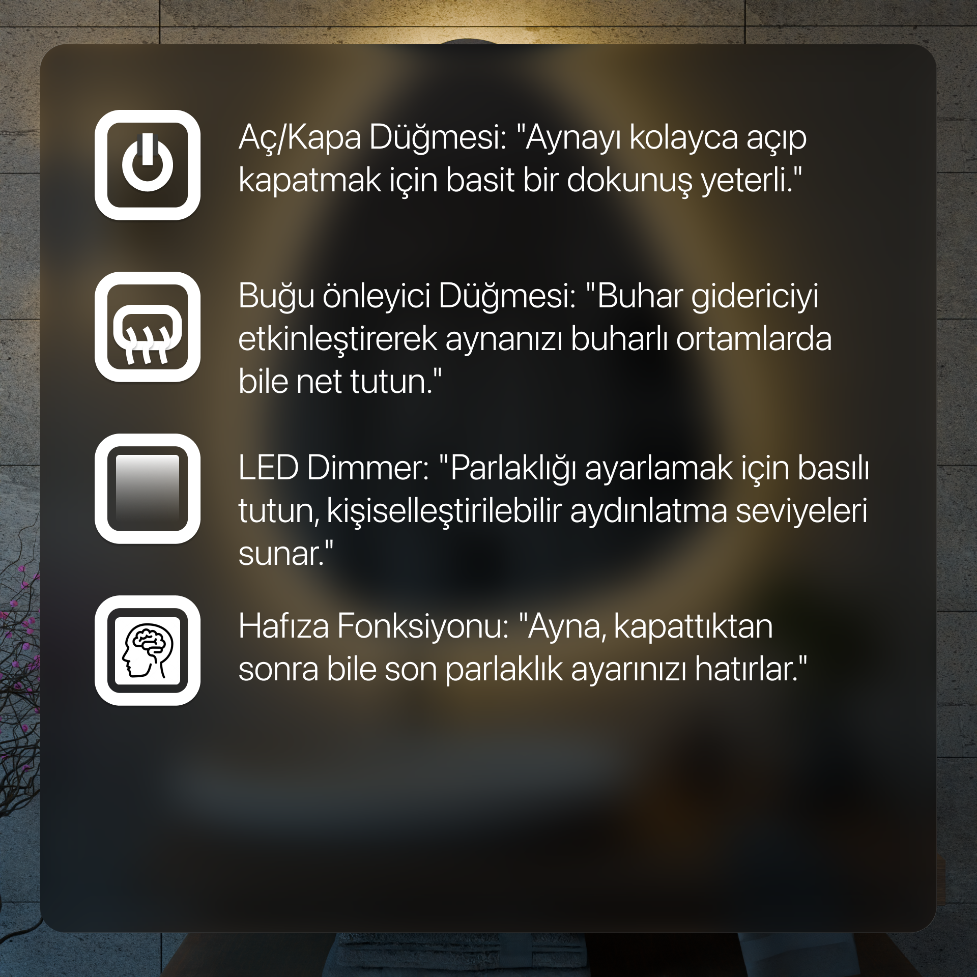 Buğu Çözücülü, Dokunmatik Tuşlu, LED Işıklı Dikdörtgen Banyo Aynası - Beyaz Işık