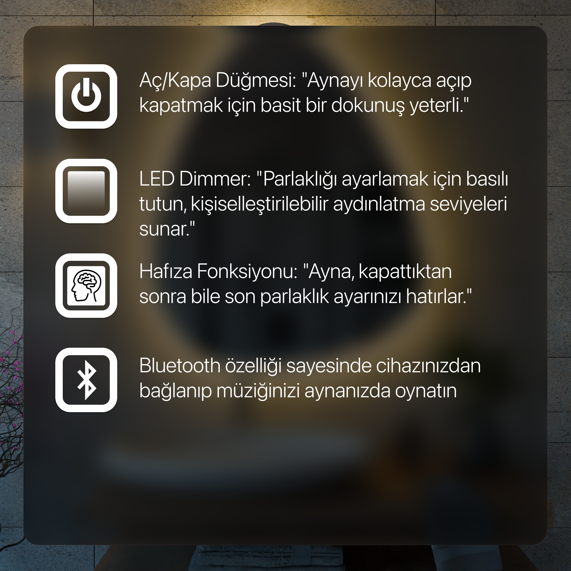 Ruby Kenar Kumlamalı Dokunmatik & Bluetooth’lu LED Ayna