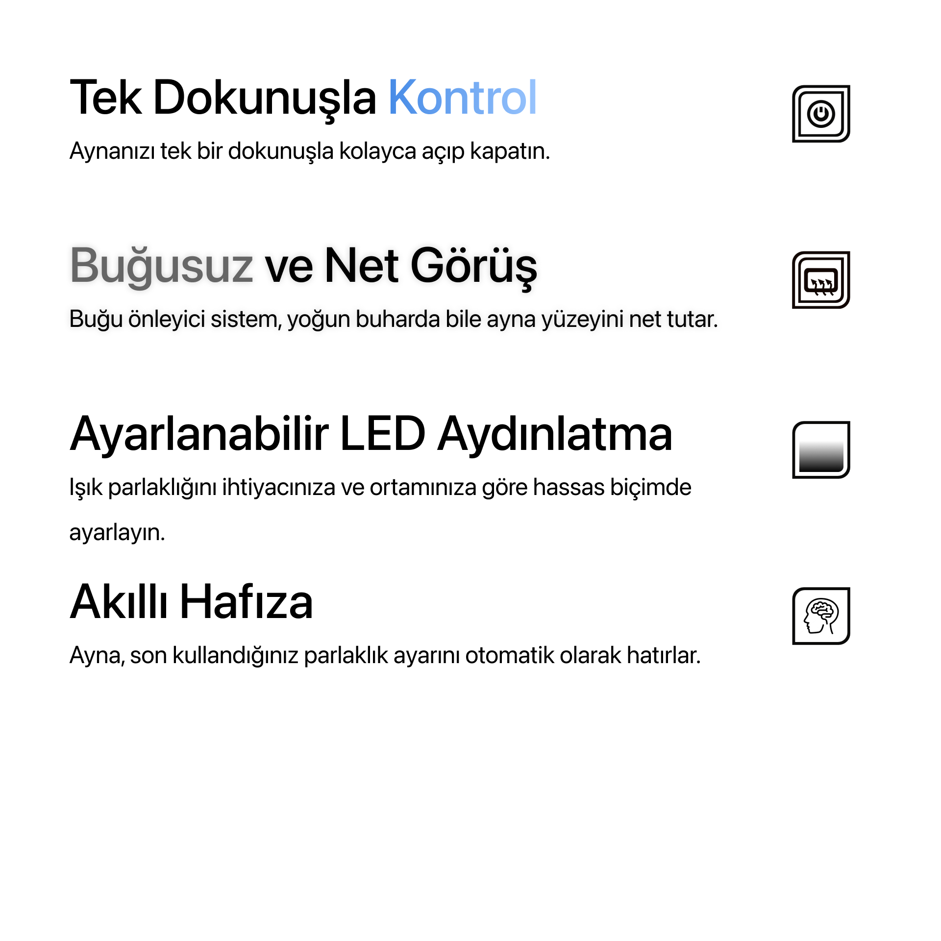 Kumlamasız Buğu Çözücülü, Dokunmatik Tuşlu, LED Işıklı Asimetrik Banyo Aynası - Beyaz Işık