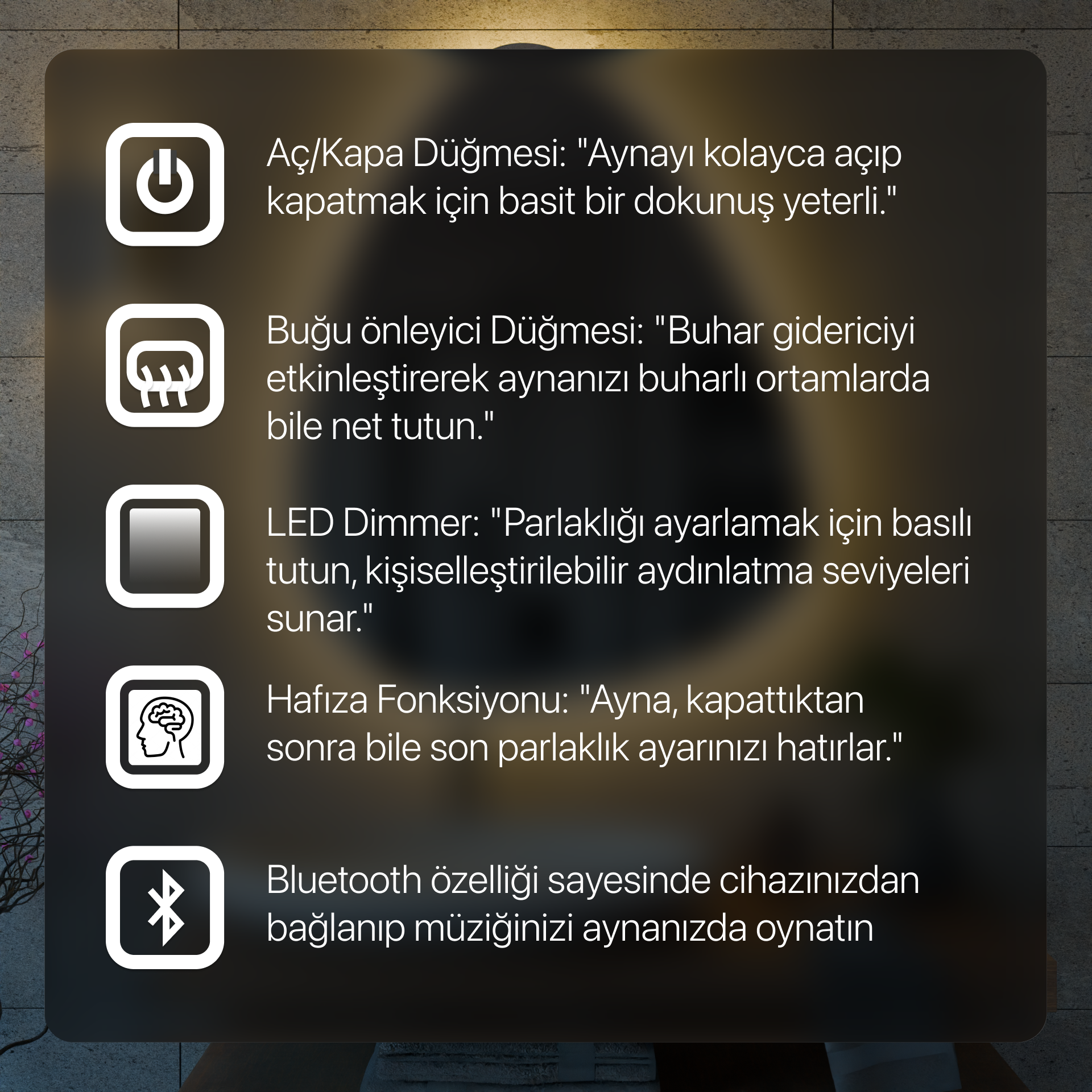 Radiuslu Karo Kumlamasız Dokunmatik, Buğu Önleyicili & Bluetooth’lu LED Ayna