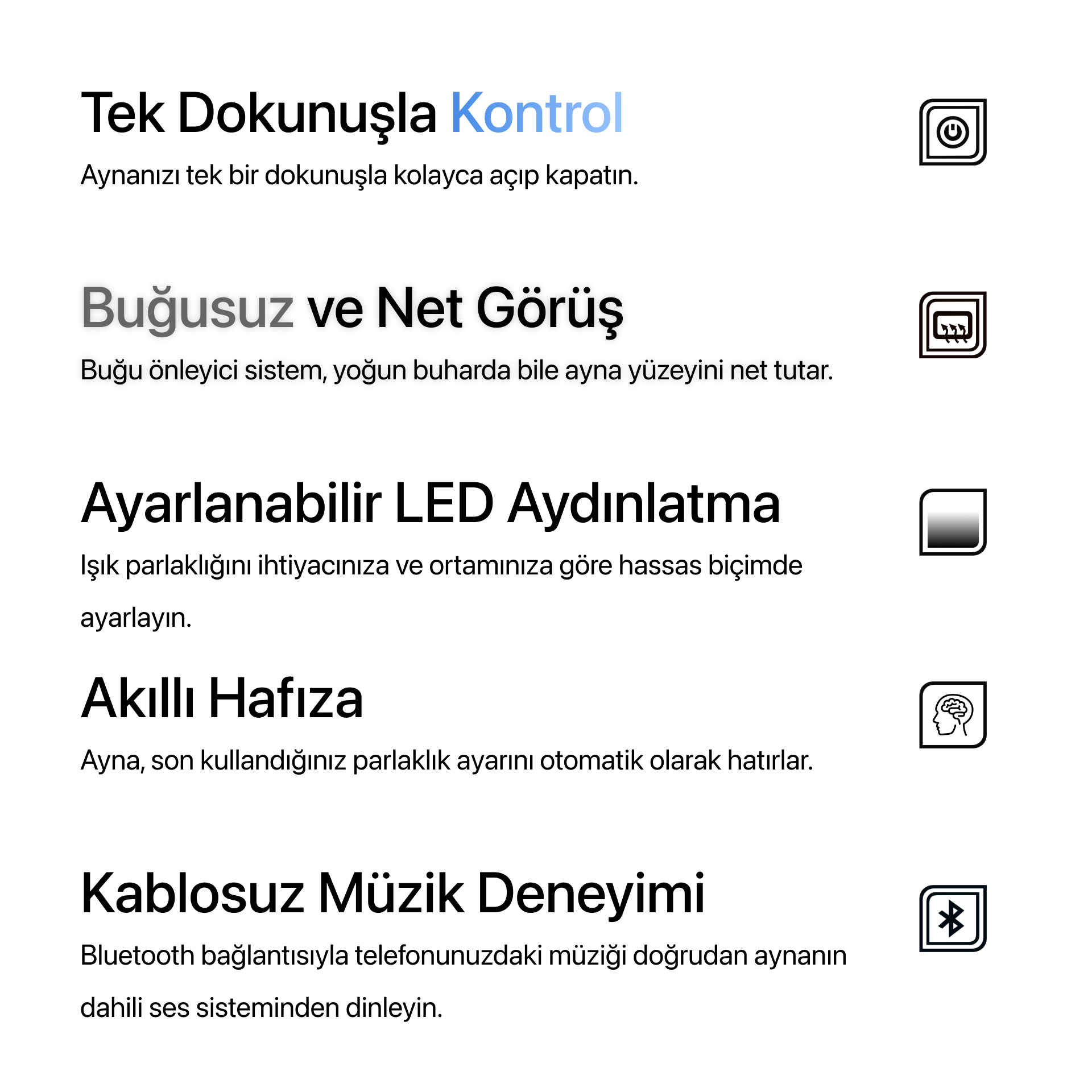 Kumlamasız Bluetoothlu, Buğu Çözücülü, Dokunmatik LEDli Yuvarlak Ayna - Gün Işığı