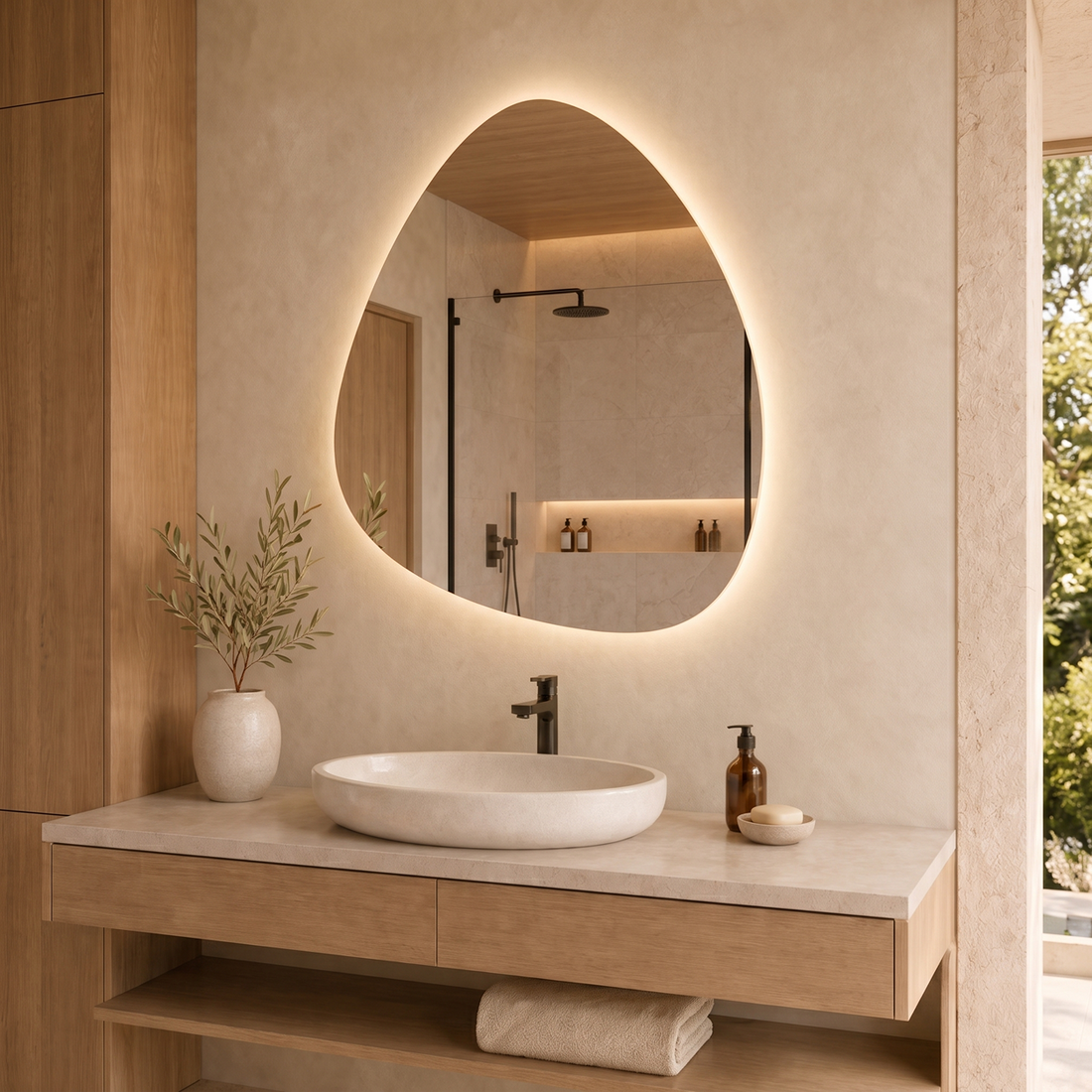 Kumlamasız LED Işıklı Asimetrik Banyo Aynası - Gün Işığı