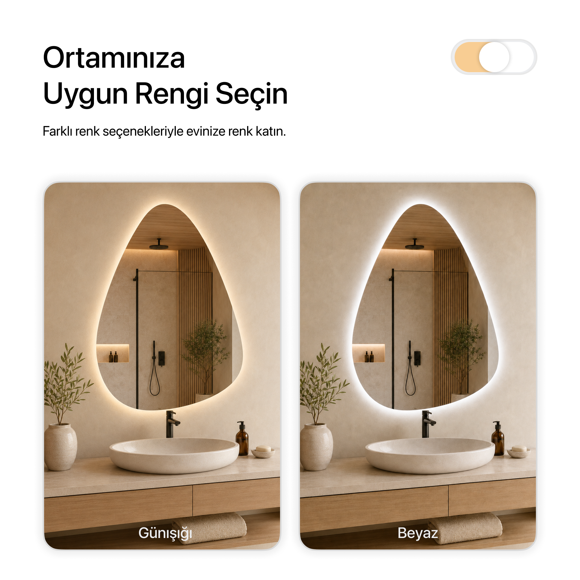 Kumlamasız LED Işıklı Asimetrik Banyo Aynası - Gün Işığı