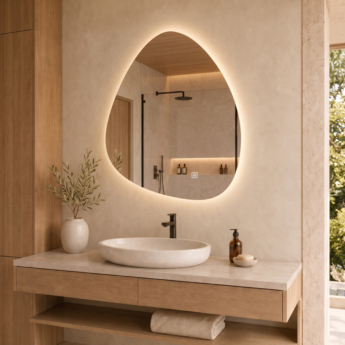 Kumlamasız Dokunmatik Tuşlu ve LED Işıklı Asimetrik Banyo Aynası - Gün Işığı