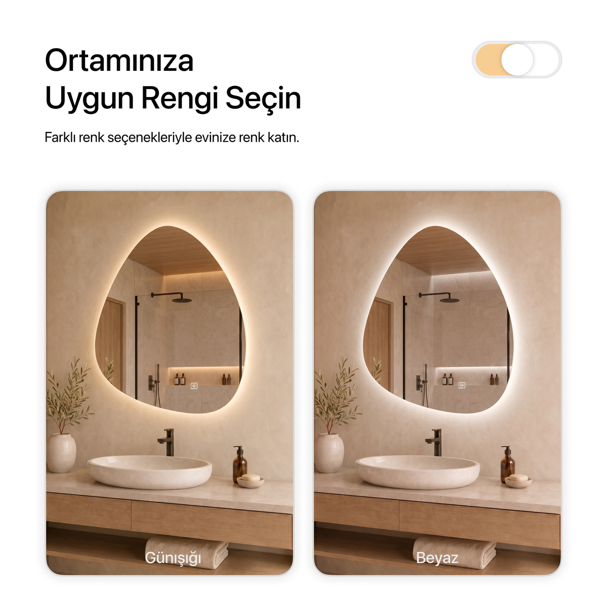 Kumlamasız Dokunmatik Tuşlu ve LED Işıklı Asimetrik Banyo Aynası - Gün Işığı