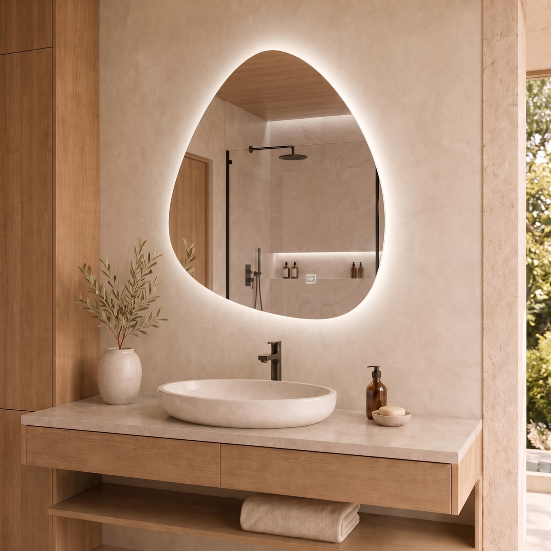 Kumlamasız Dokunmatik Tuşlu ve LED Işıklı Asimetrik Banyo Aynası - Beyaz Işık