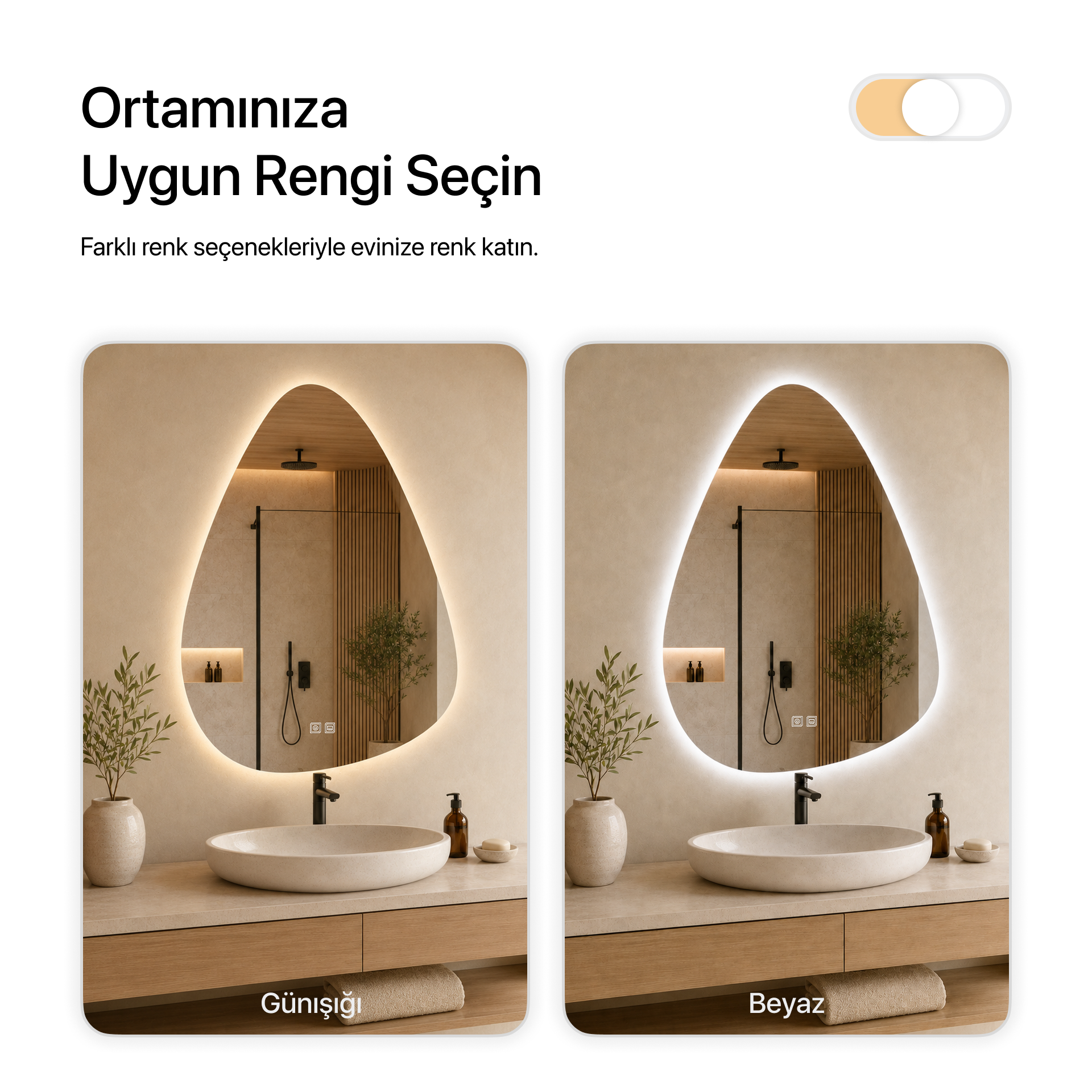 Kumlamasız Buğu Çözücülü, Dokunmatik Tuşlu, LED Işıklı Asimetrik Banyo Aynası - Gün Işığı