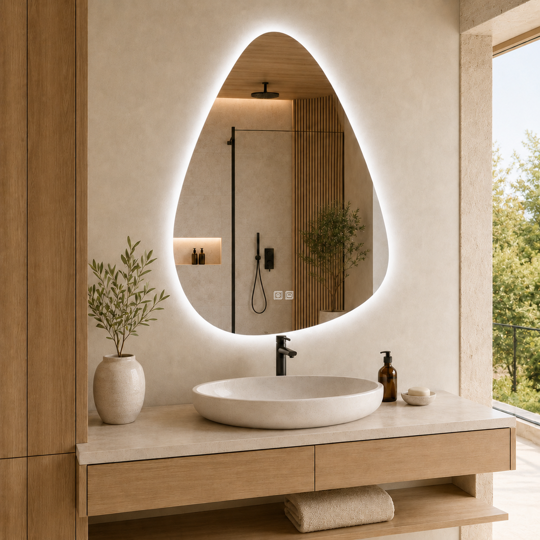 Kumlamasız Buğu Çözücülü, Dokunmatik Tuşlu, LED Işıklı Asimetrik Banyo Aynası - Beyaz Işık