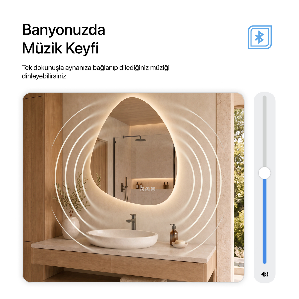Kumlamasız Bluetoothlu, Buğu Çözücülü, Dokunmatik LEDli Asimetrik Ayna - Gün Işığı