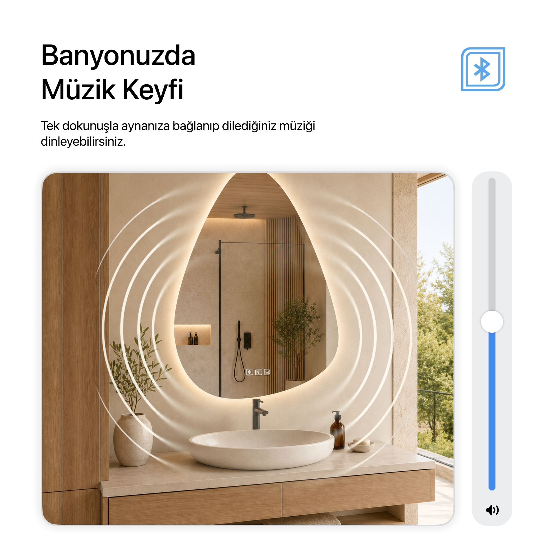 Kumlamasız Bluetoothlu, Buğu Çözücülü, Dokunmatik LEDli Asimetrik Ayna - Gün Işığı