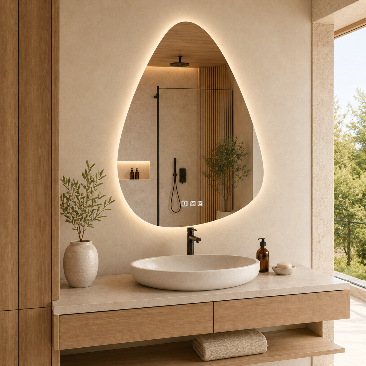 Kumlamasız Bluetoothlu, Buğu Çözücülü, Dokunmatik LEDli Asimetrik Ayna - Gün Işığı