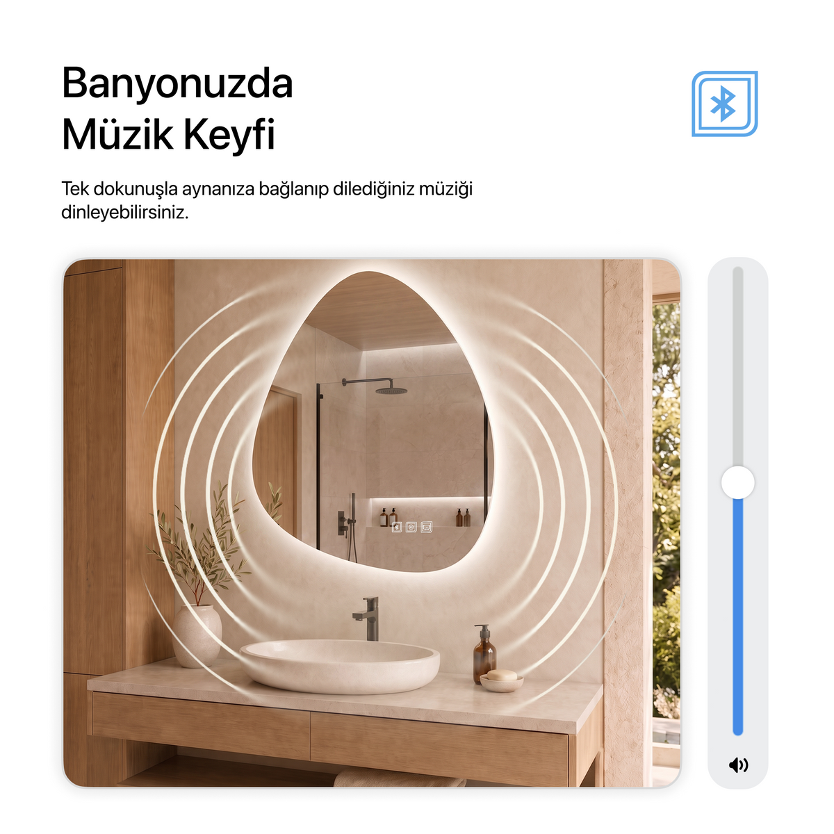 Kumlamasız Bluetoothlu, Buğu Çözücülü, Dokunmatik LEDli Asimetrik Ayna - Beyaz Işık