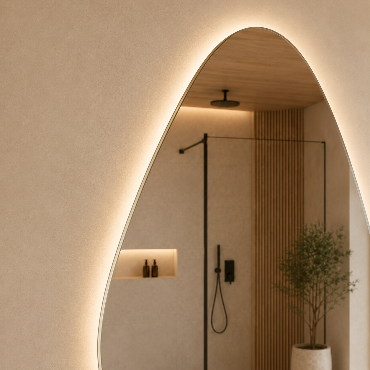 Kumlamasız Buğu Çözücülü, Dokunmatik Tuşlu, LED Işıklı Asimetrik Banyo Aynası - Gün Işığı