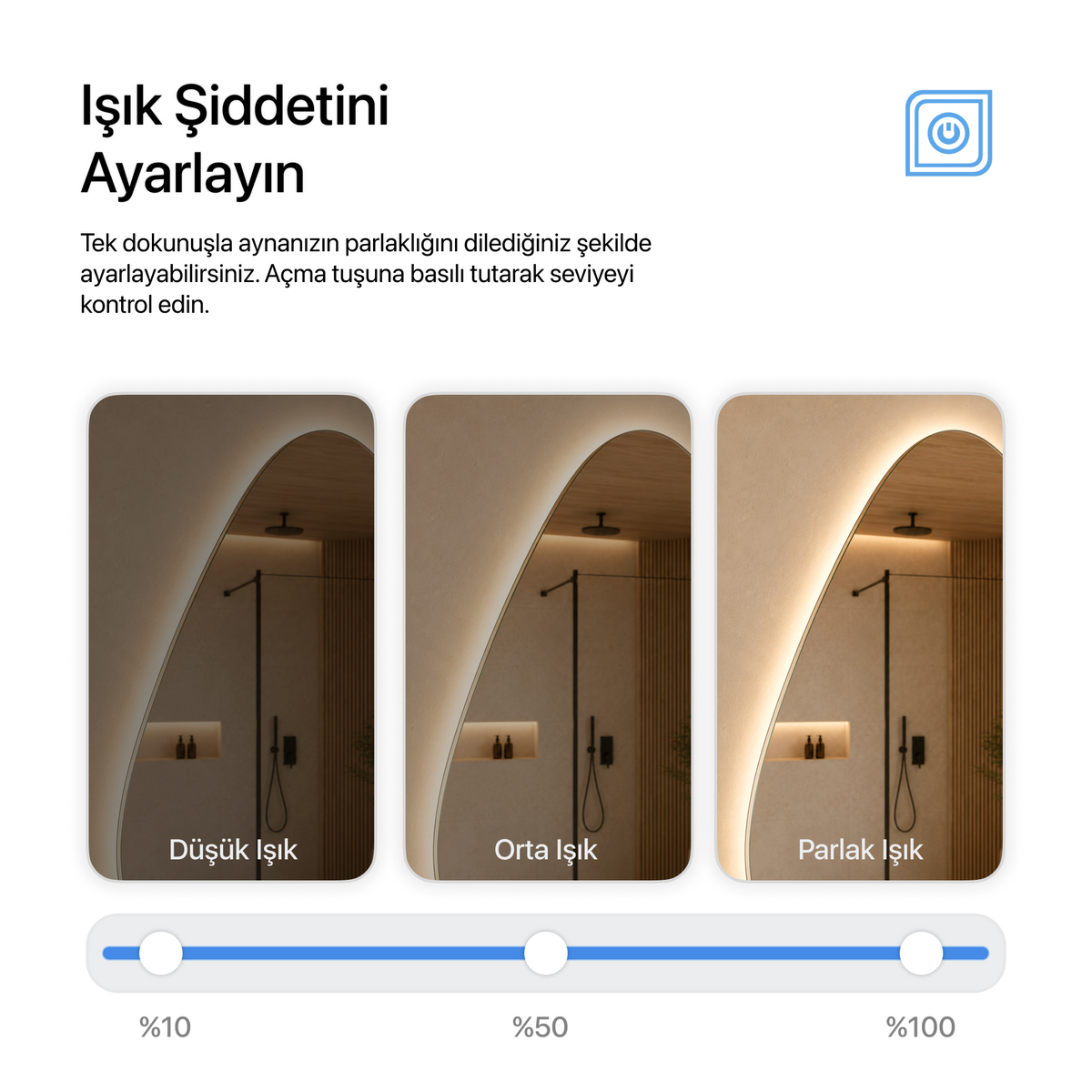 Kumlamasız Buğu Çözücülü, Dokunmatik Tuşlu, LED Işıklı Asimetrik Banyo Aynası - Gün Işığı