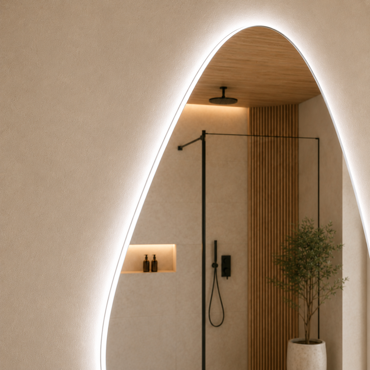 Kumlamasız Buğu Çözücülü, Dokunmatik Tuşlu, LED Işıklı Asimetrik Banyo Aynası - Beyaz Işık