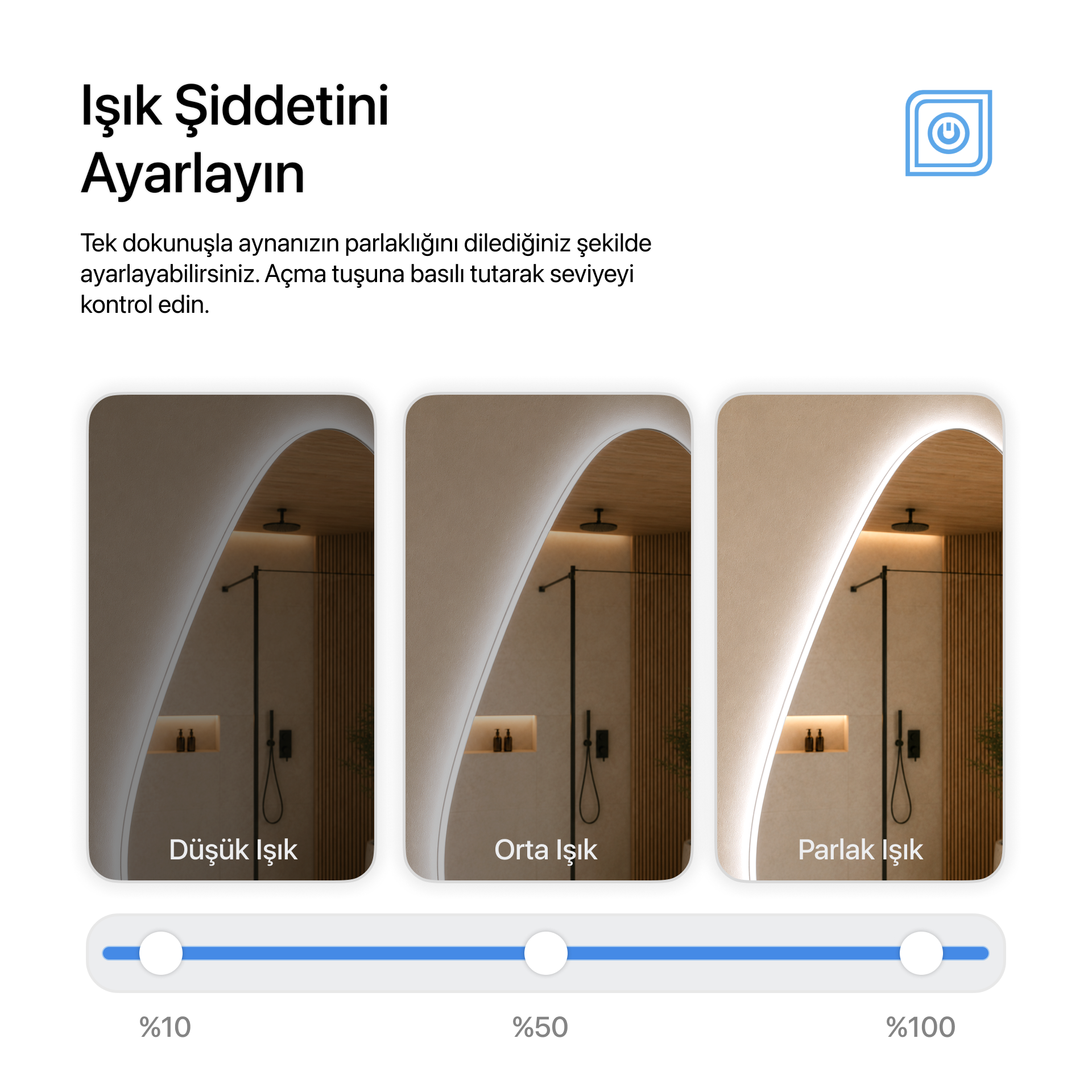 Kumlamasız Buğu Çözücülü, Dokunmatik Tuşlu, LED Işıklı Asimetrik Banyo Aynası - Beyaz Işık
