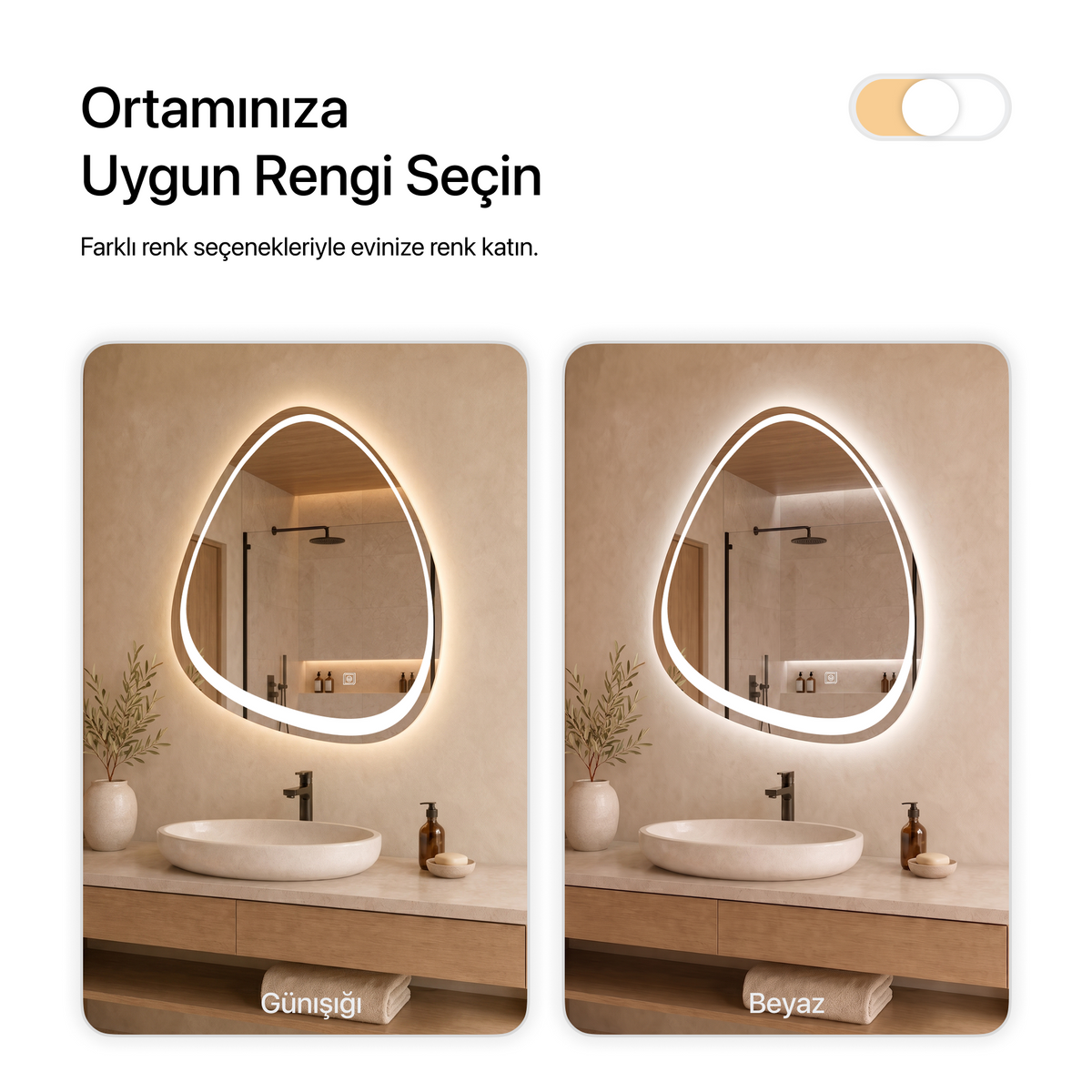 Dokunmatik Tuşlu ve LED Işıklı Asimetrik Banyo Aynası - Gün Işığı