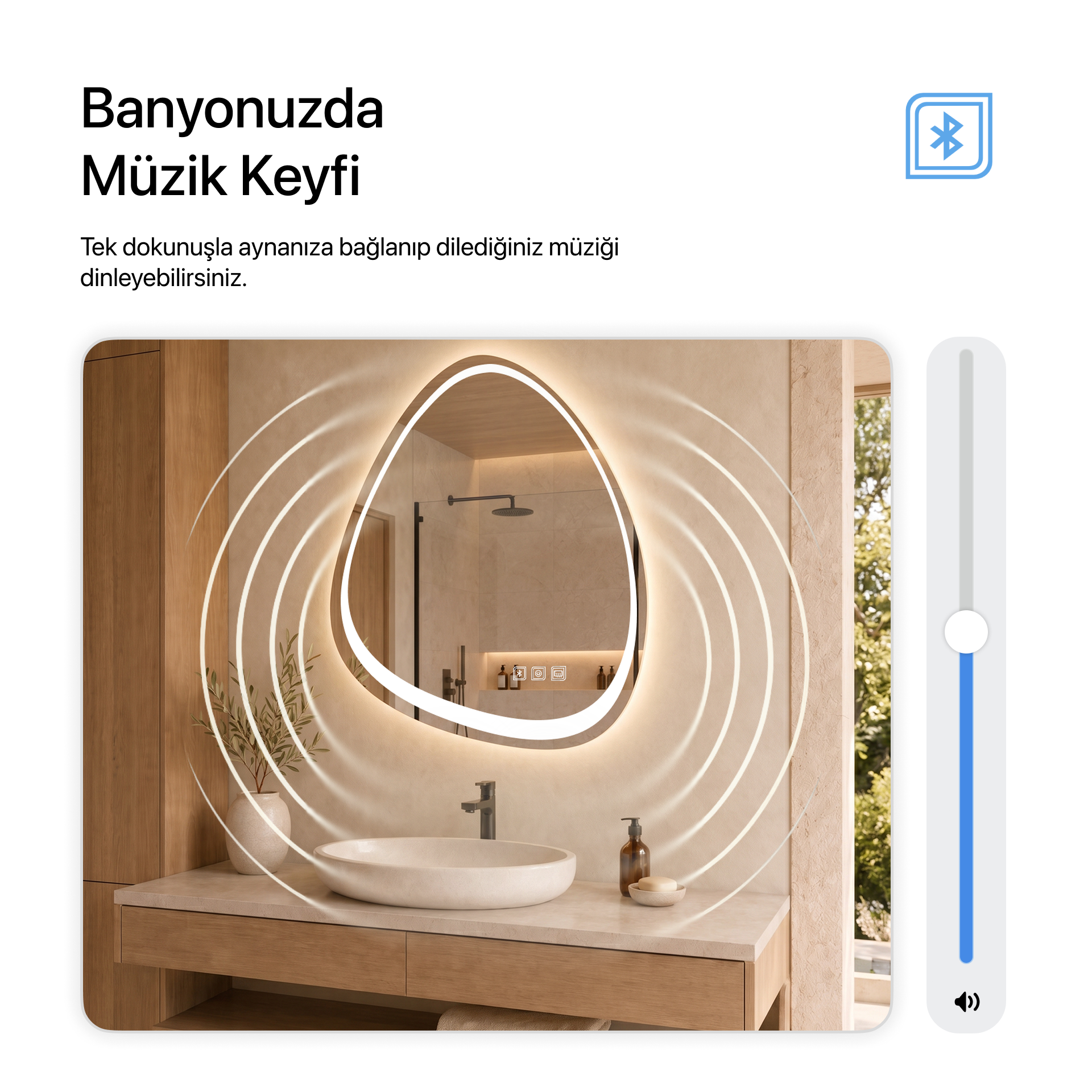Bluetoothlu, Buğu Çözücülü, Dokunmatik LEDli Asimetrik Ayna - Gün Işığı