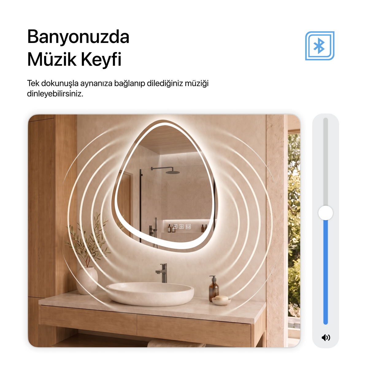 Bluetoothlu, Buğu Çözücülü, Dokunmatik LEDli Asimetrik Ayna - Beyaz Işık