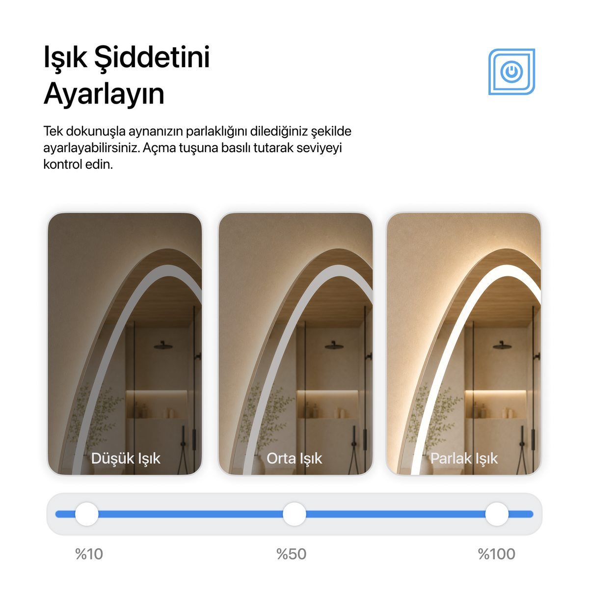 Bluetoothlu, Buğu Çözücülü, Dokunmatik LEDli Asimetrik Ayna - Gün Işığı