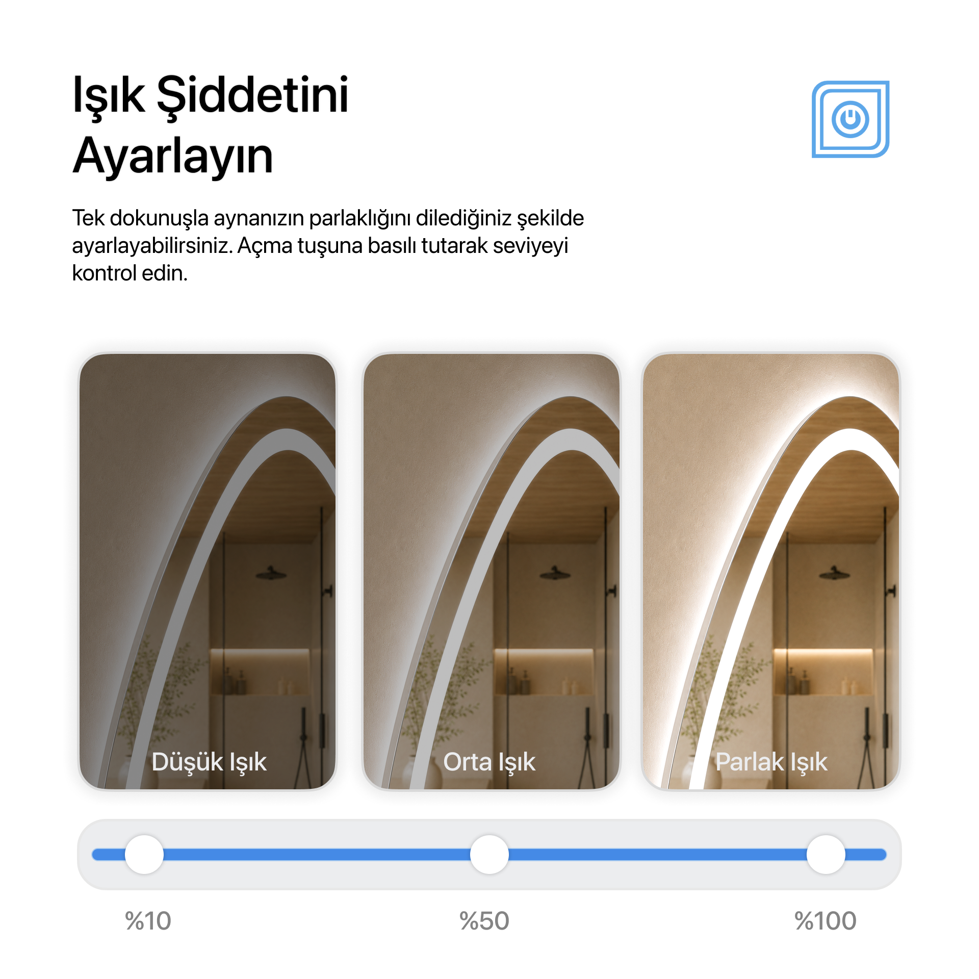 Bluetoothlu, Buğu Çözücülü, Dokunmatik LEDli Asimetrik Ayna - Beyaz Işık