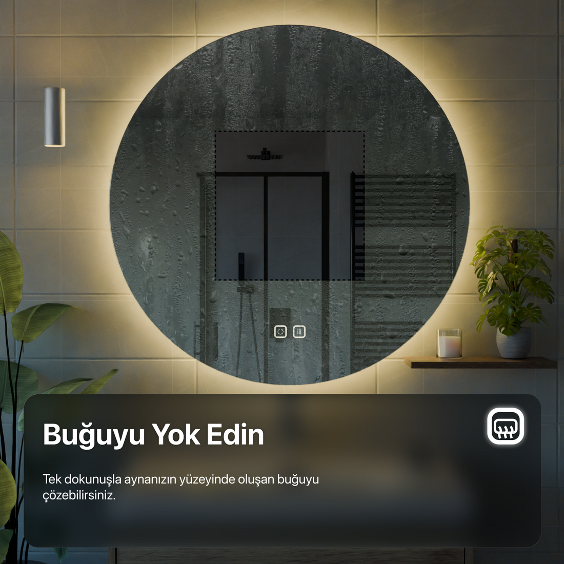 Kumlamasız Buğu Çözücülü, Dokunmatik Tuşlu, LED Işıklı Elips Banyo Aynası - Beyaz Işık