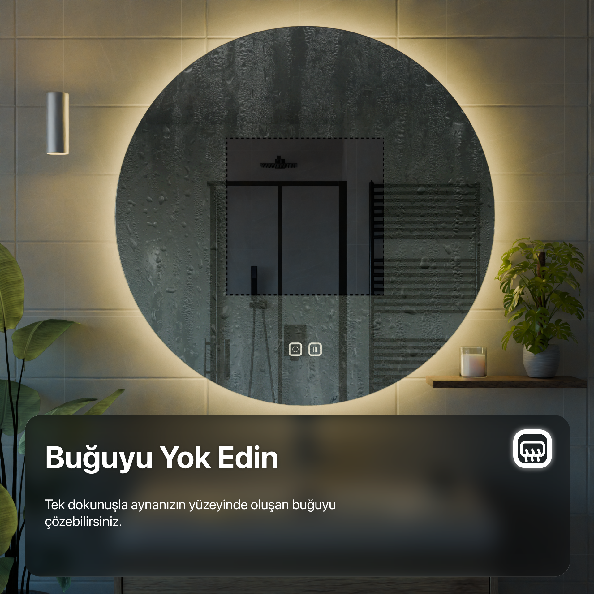 Buğu Çözücülü, Dokunmatik Tuşlu, LED Işıklı Yuvarlak Banyo Aynası - Beyaz Işık