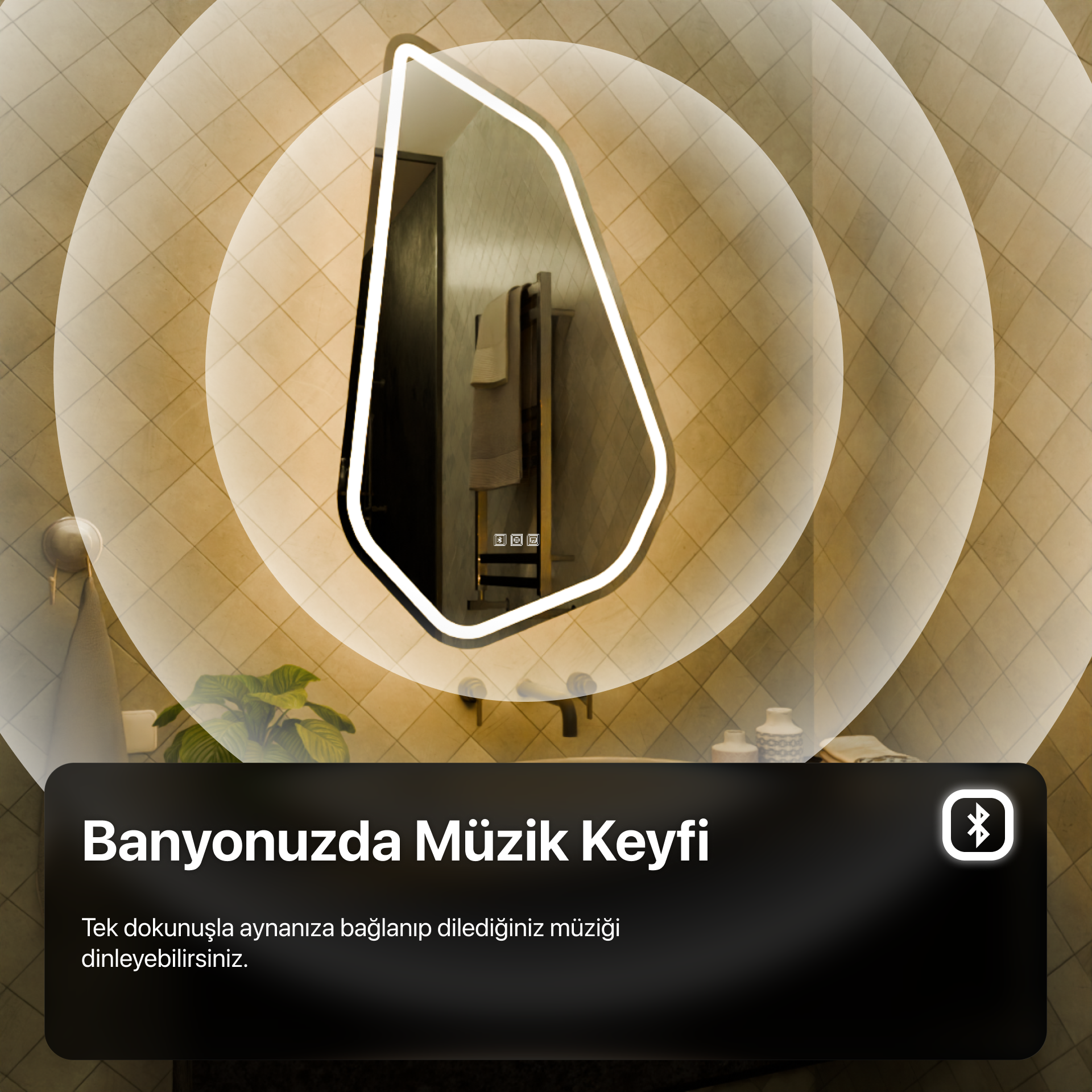 Radiuslu Karo Kumlamasız Dokunmatik, Buğu Önleyicili & Bluetooth’lu LED Ayna