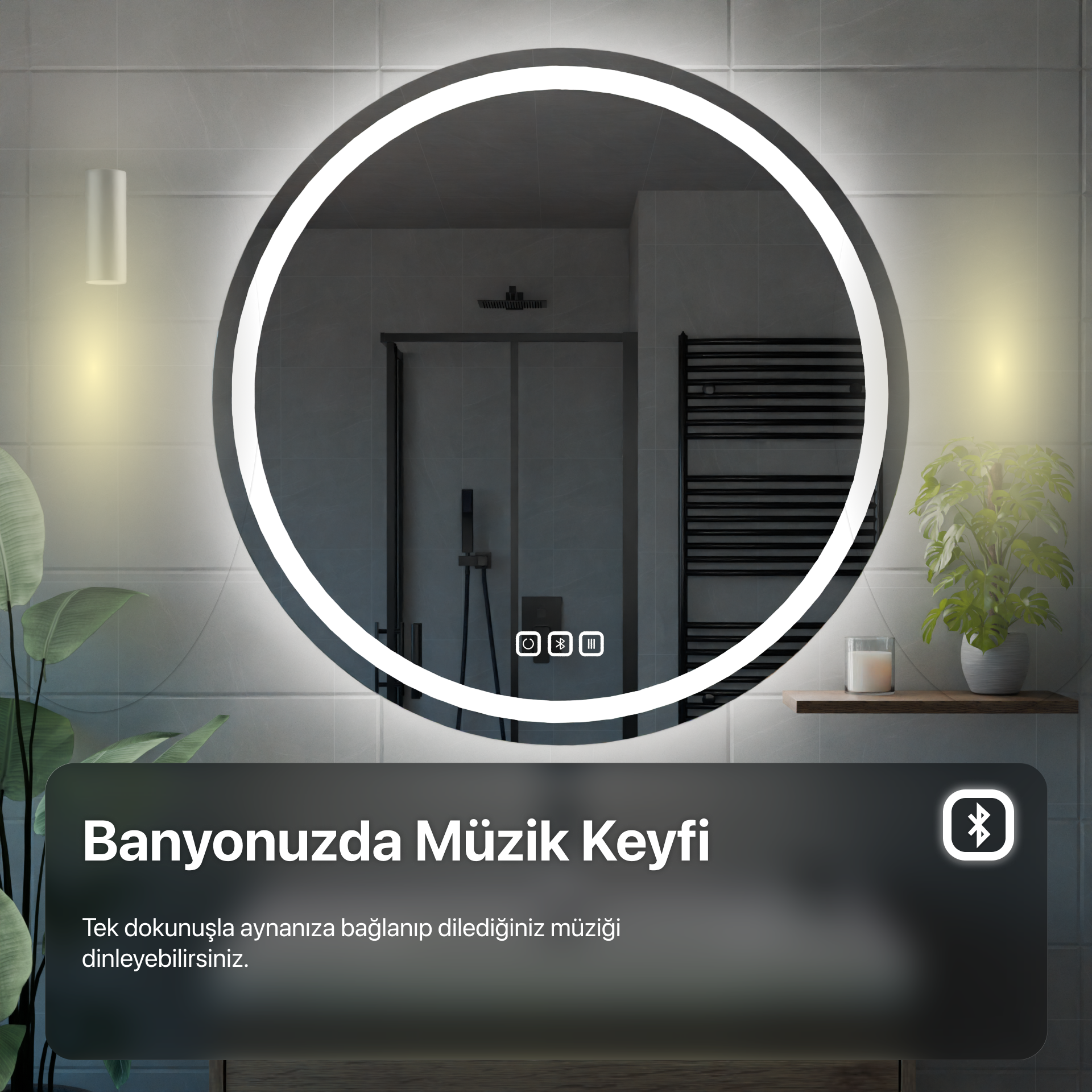 Bluetoothlu, Buğu Çözücülü, Dokunmatik LEDli Yuvarlak Ayna - Gün Işığı