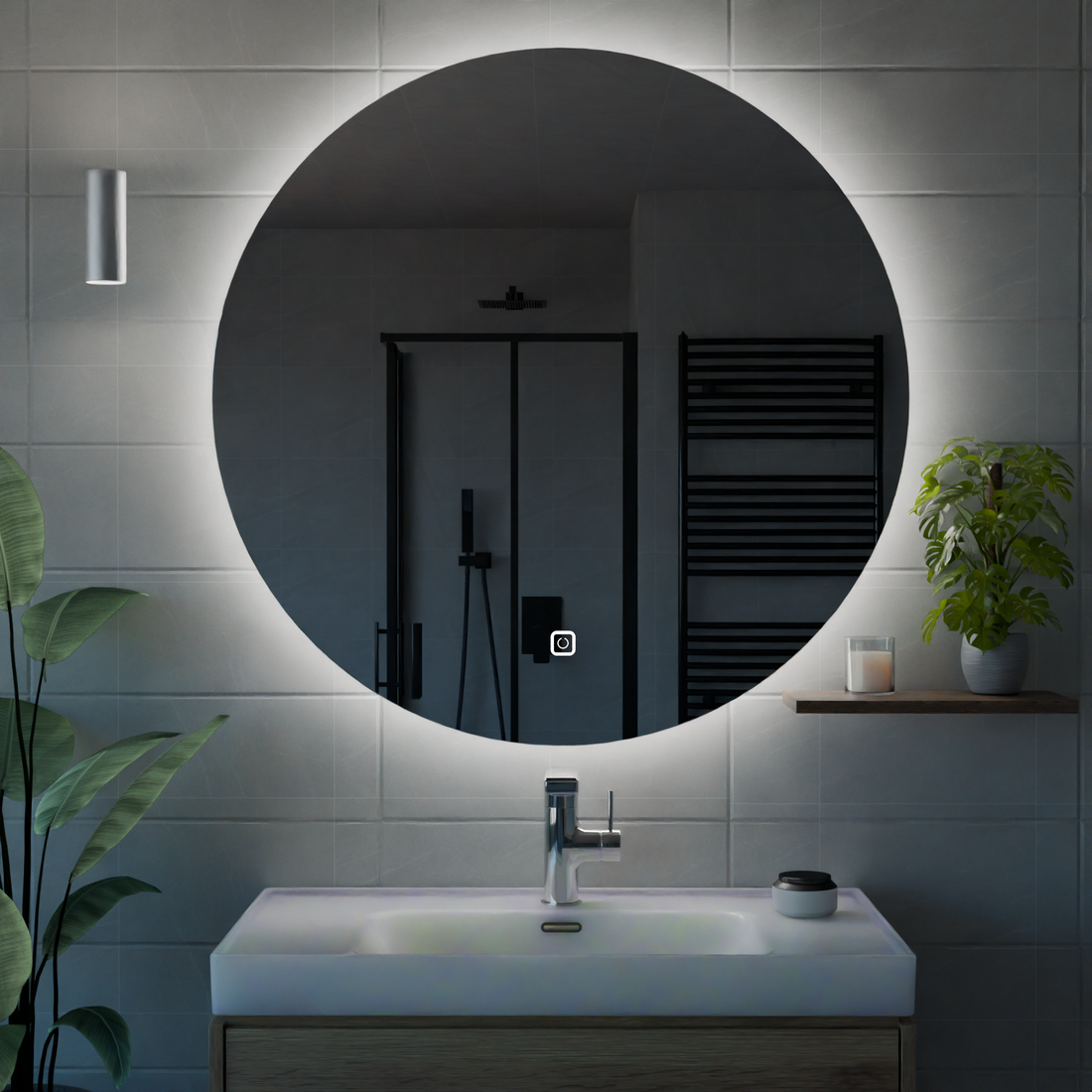 Kumlamasız Dokunmatik Tuşlu ve LED Işıklı Yuvarlak Banyo Aynası - Beyaz Işık