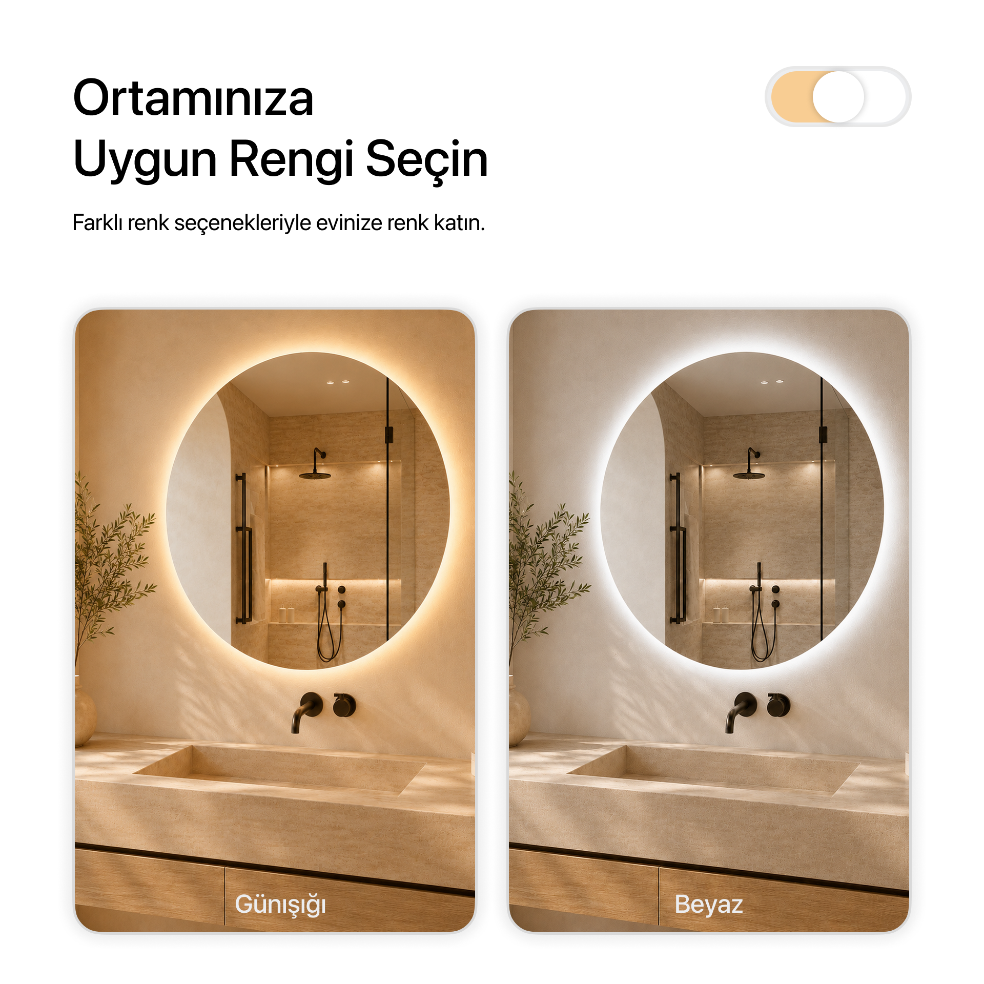 Kumlamasız LED Işıklı Yuvarlak Banyo Aynası - Beyaz Işık