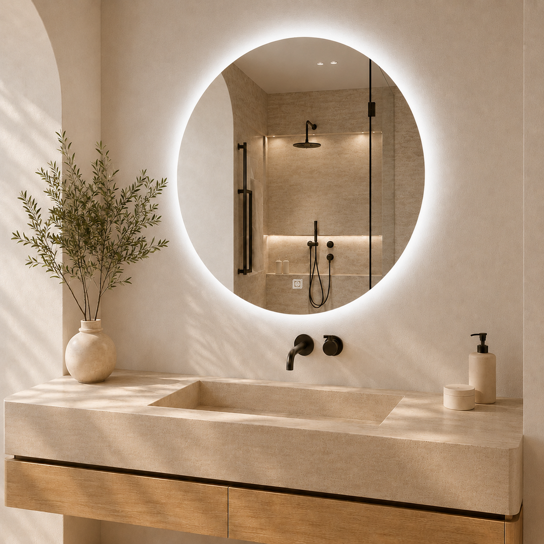 Kumlamasız Dokunmatik Tuşlu ve LED Işıklı Yuvarlak Banyo Aynası - Beyaz Işık