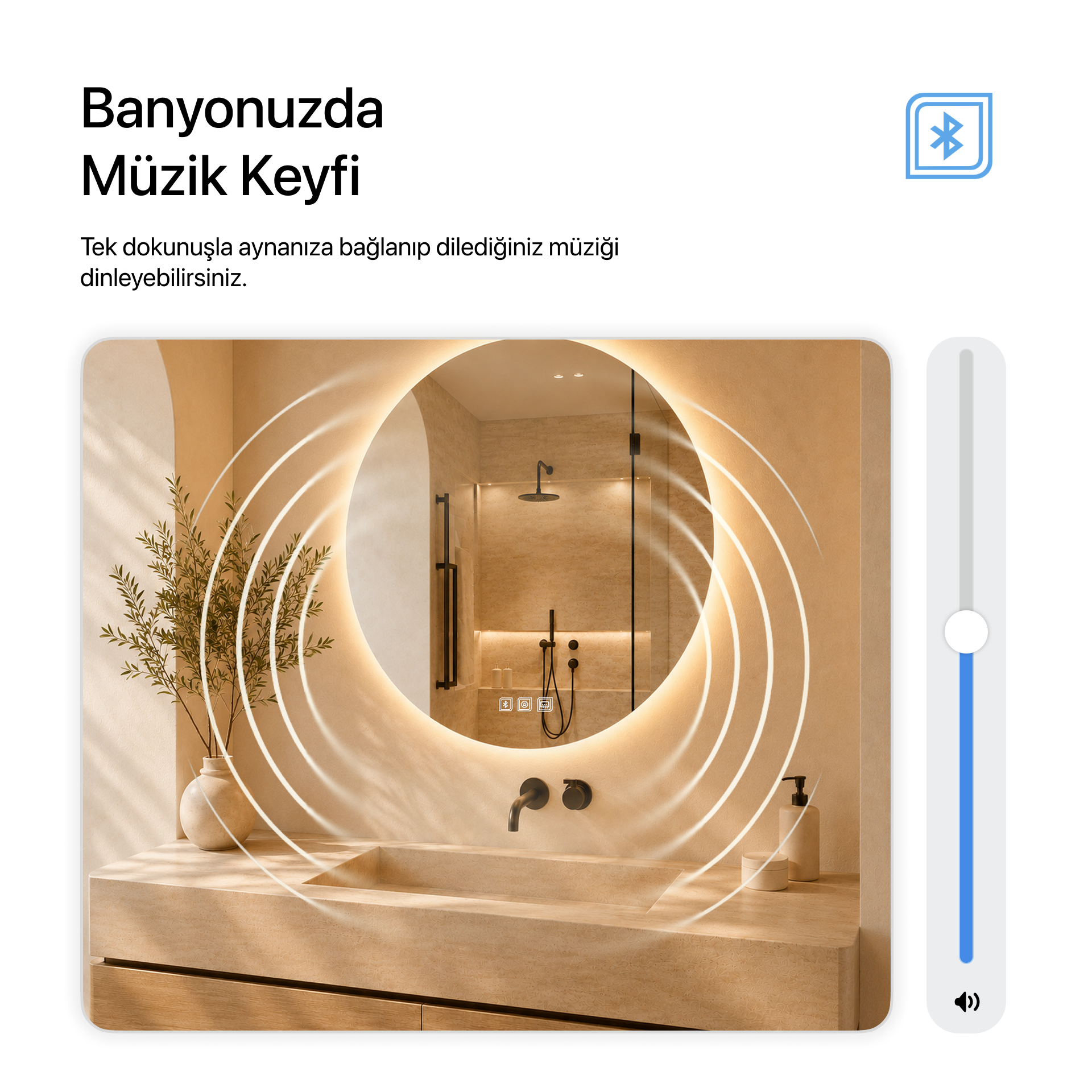 Kumlamasız Bluetoothlu, Buğu Çözücülü, Dokunmatik LEDli Yuvarlak Ayna - Gün Işığı