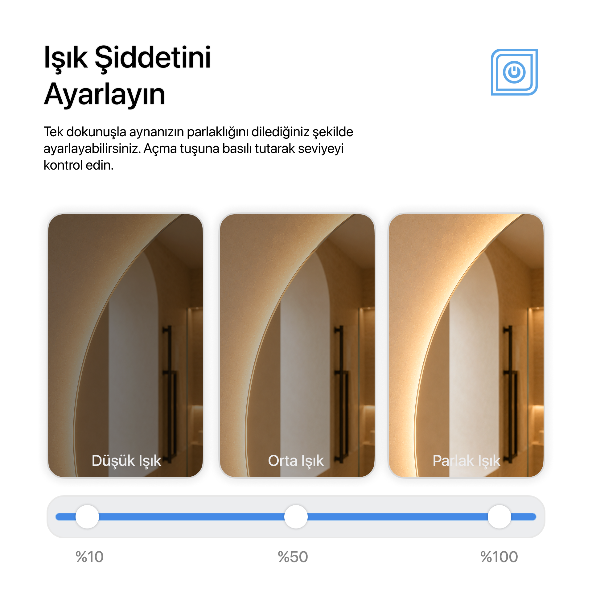 Kumlamasız Bluetoothlu, Buğu Çözücülü, Dokunmatik LEDli Yuvarlak Ayna - Gün Işığı