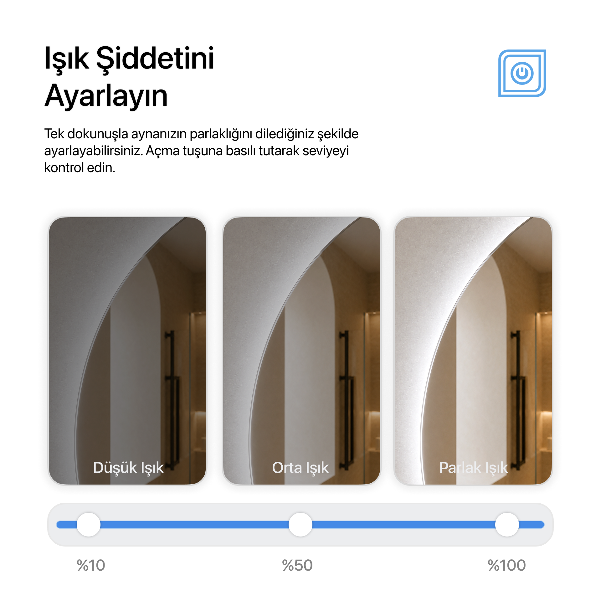 Kumlamasız Bluetoothlu, Buğu Çözücülü, Dokunmatik LEDli Yuvarlak Ayna - Beyaz Işık