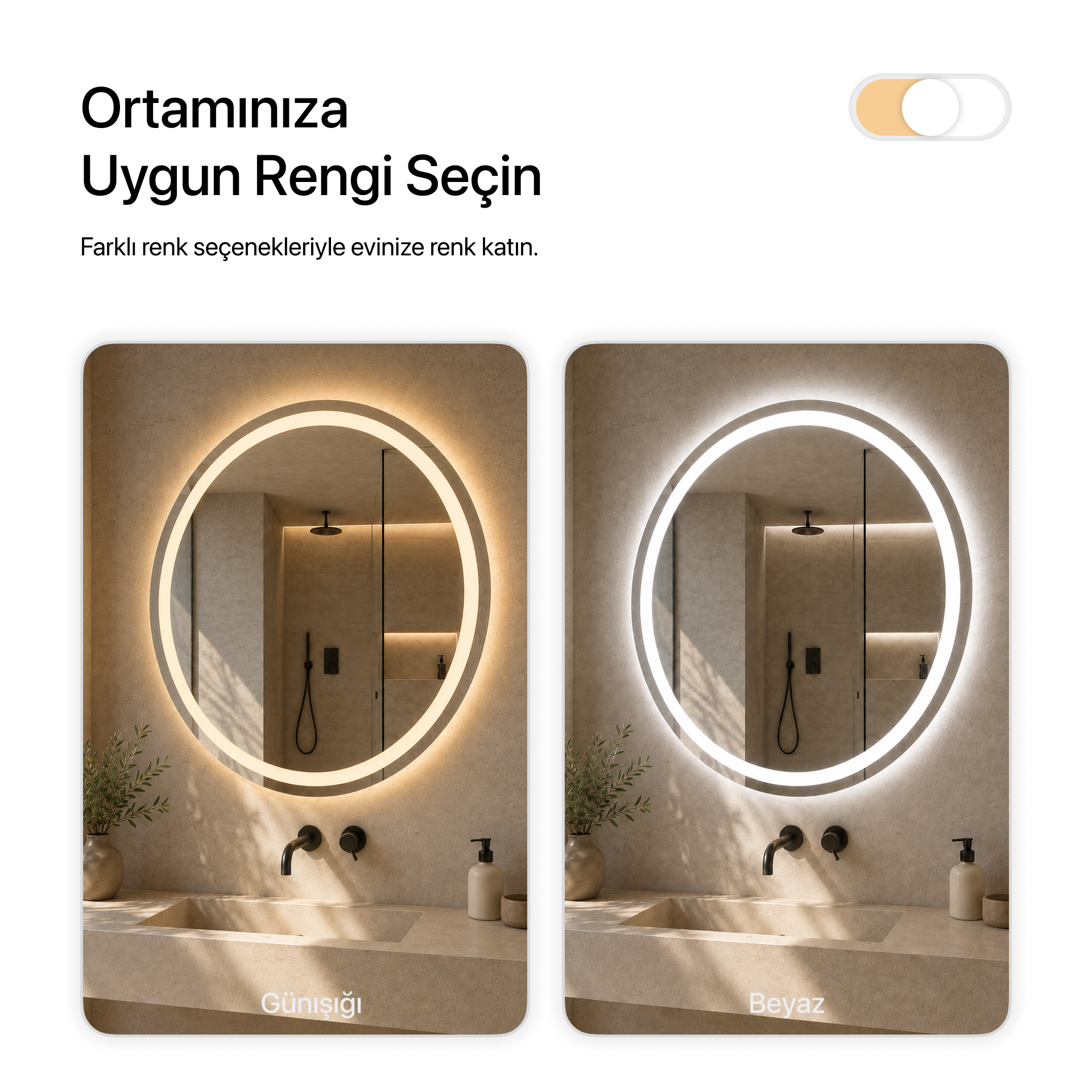 LED Işıklı Yuvarlak Banyo Aynası - Beyaz Işık