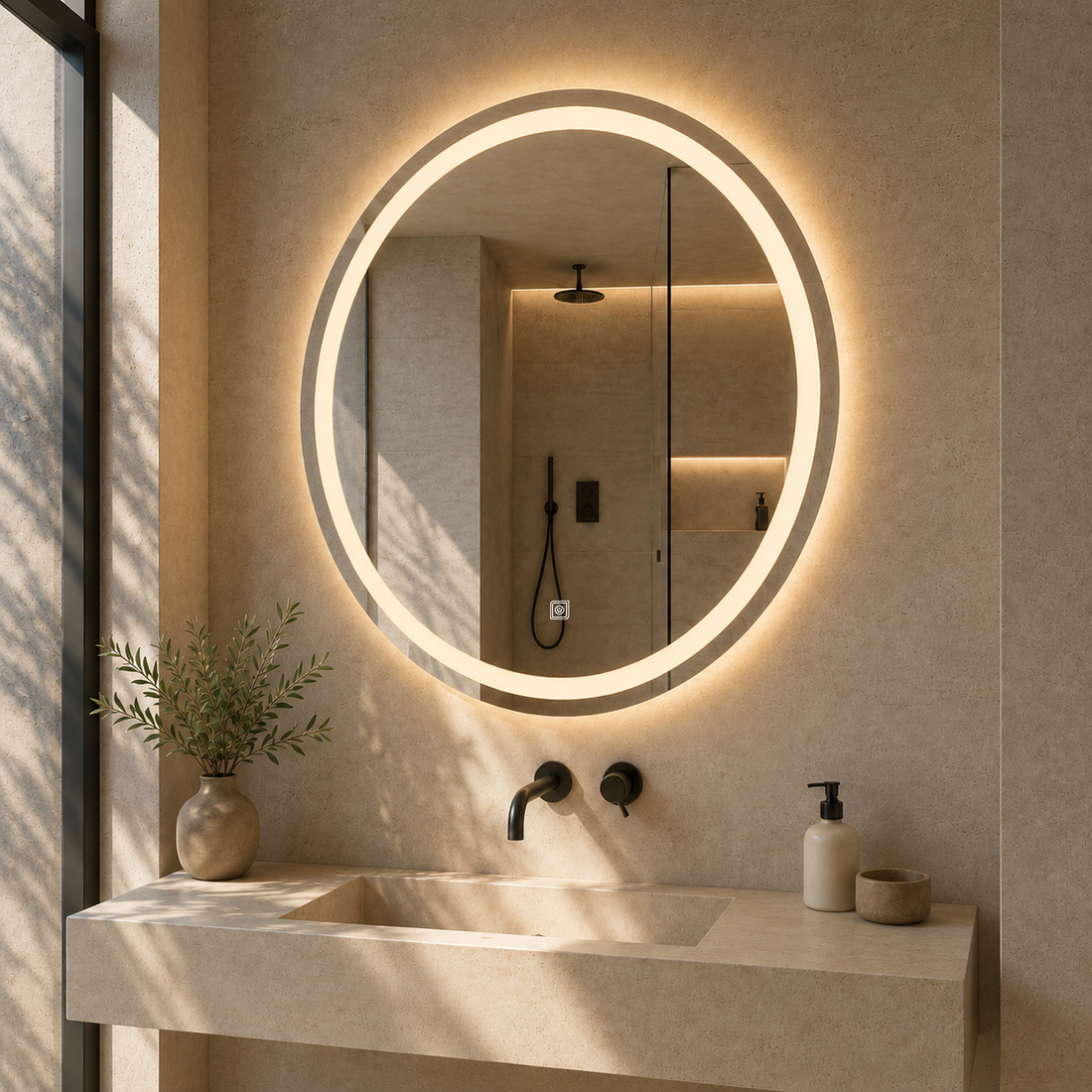 Dokunmatik Tuşlu ve LED Işıklı Yuvarlak Banyo Aynası - Gün Işığı