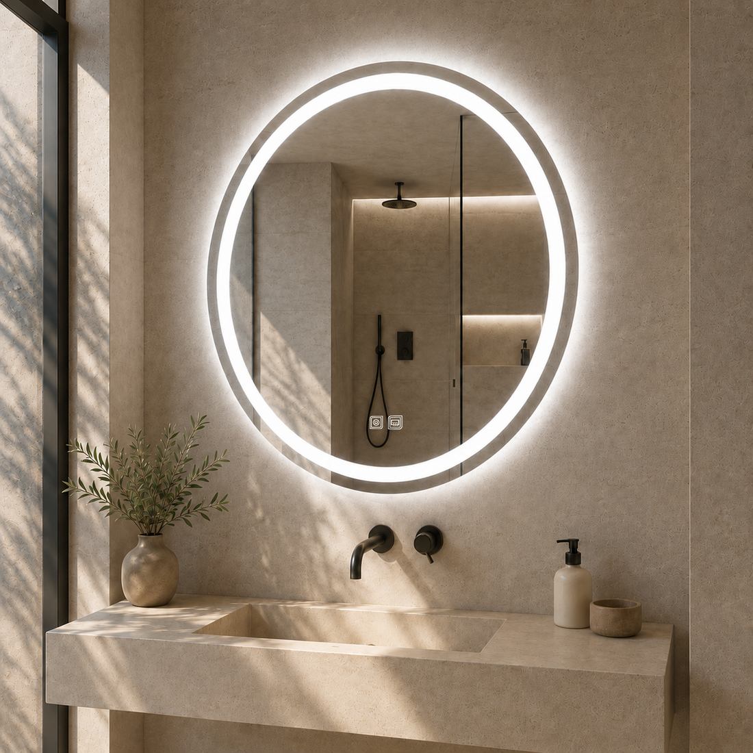 Buğu Çözücülü, Dokunmatik Tuşlu, LED Işıklı Yuvarlak Banyo Aynası - Beyaz Işık