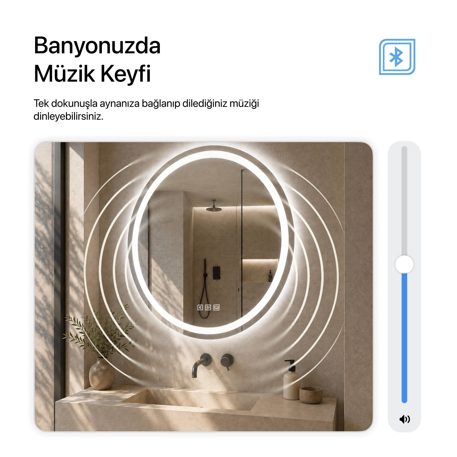 Bluetoothlu, Buğu Çözücülü, Dokunmatik LEDli Yuvarlak Ayna - Beyaz Işık