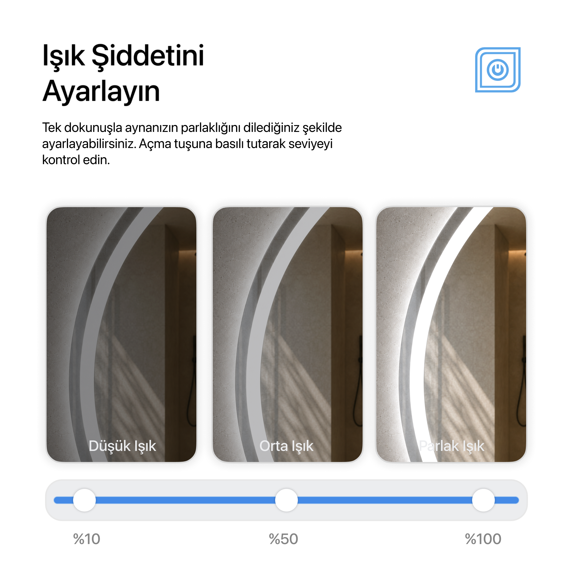 Bluetoothlu, Buğu Çözücülü, Dokunmatik LEDli Yuvarlak Ayna - Beyaz Işık