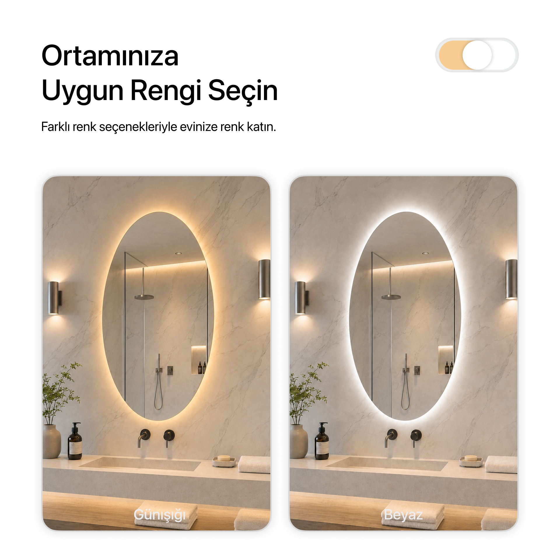 Kumlamasız LED Işıklı Elips Banyo Aynası - Beyaz Işık