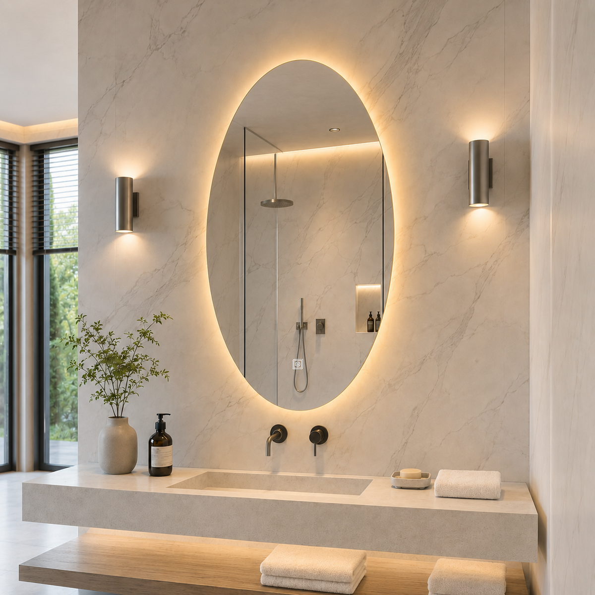 Kumlamasız Dokunmatik Tuşlu ve LED Işıklı Elips Banyo Aynası - Gün Işığı