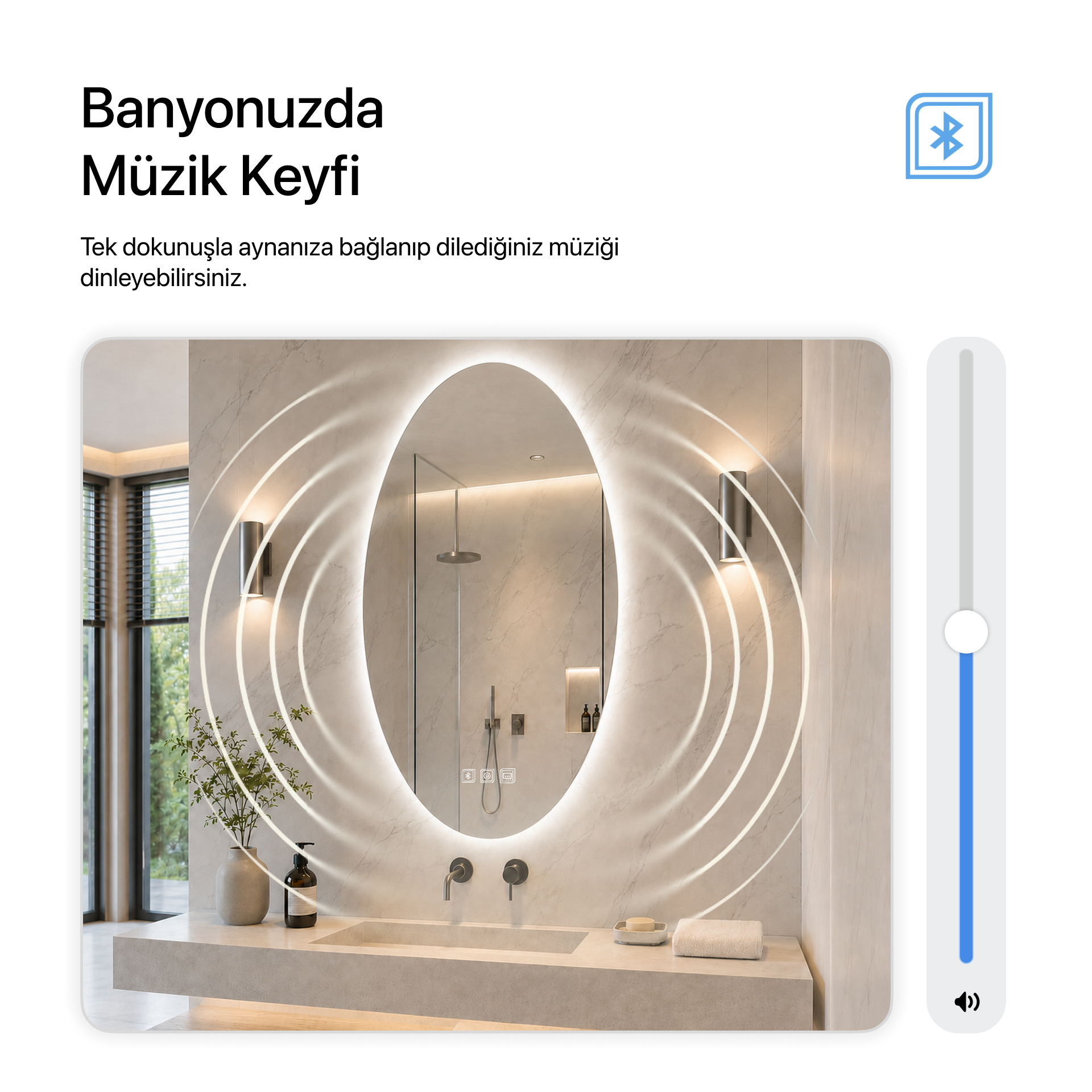 Kumlamasız Bluetoothlu, Buğu Çözücülü, Dokunmatik LEDli Elips Ayna - Beyaz Işık