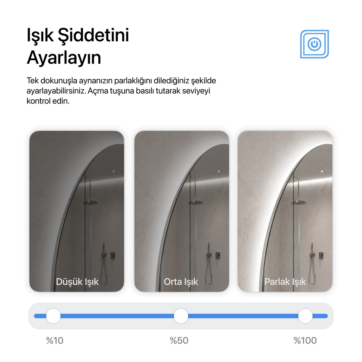 Kumlamasız Dokunmatik Tuşlu ve LED Işıklı Elips Banyo Aynası - Beyaz Işık