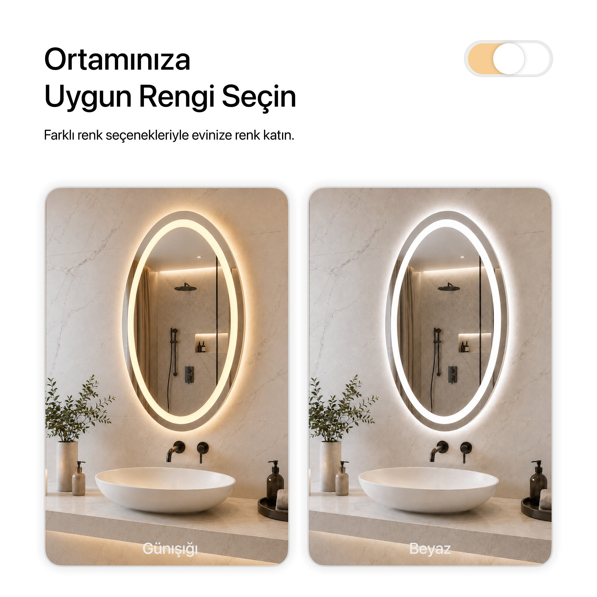 LED Işıklı Elips Banyo Aynası - Beyaz Işık